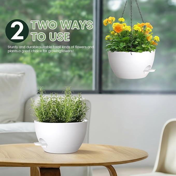 2 Pack 12 Hanging Flower Pots with Chains - Self Watering Plastic Planters for Indoor & Outdoor Plants, Sturdy Triangular Iron Chain Design for Garden PorchPlastic Hanging Flower pots (White)