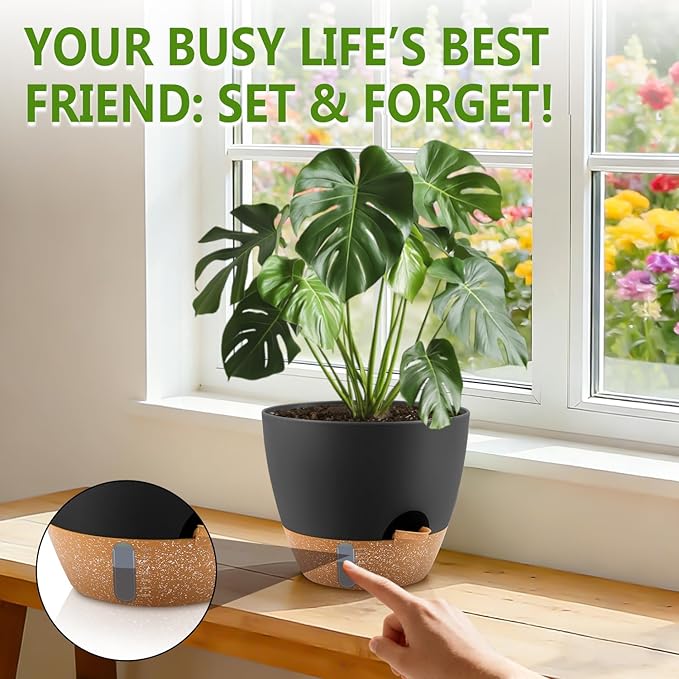 QRRICA Plant Pots 10/9/8/7.5/7 Inch Self Watering Pots, with Drainage Holes and Saucers,Water Level Indicator & Deep Reservoir,Large Plastic Planter for Indoor Out Door Plants (Black)