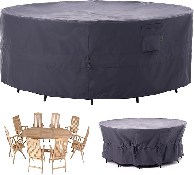 F&J Outdoors Patio Furniture Covers, Heavy Duty Tear Resistant Waterproof UV Resistant Windproof Outdoor Furniture Cover, Grey, 96" Dia x 33" H