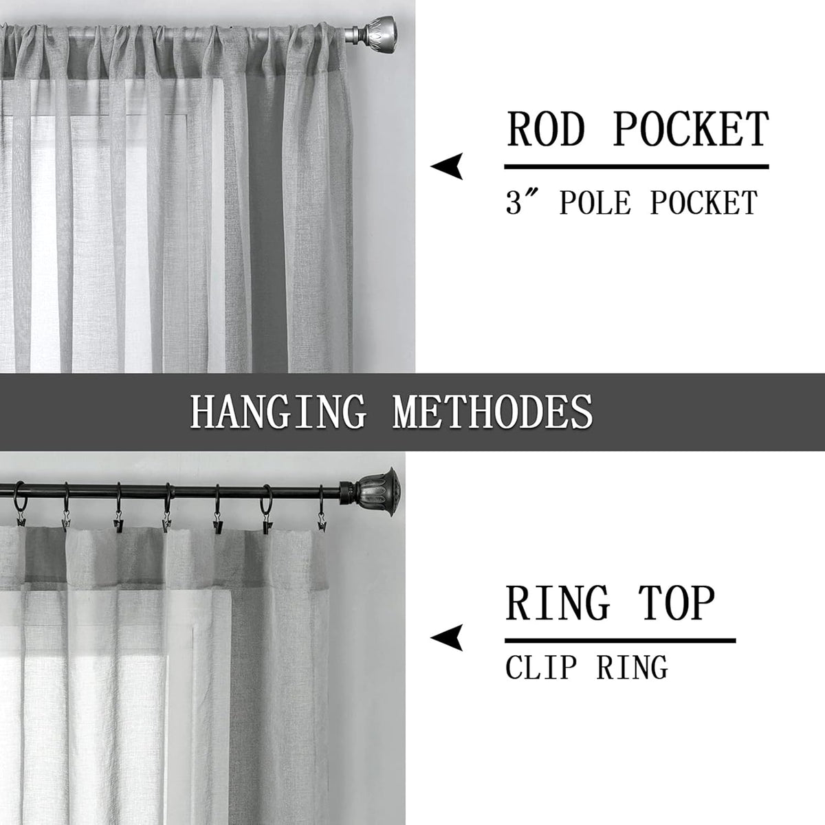 Tollpiz Sheer Curtains Linen Textured Bedroom Curtain Sheers Light Filtering Rod Pocket Voile Curtains for Living Room, 54 x 63 inches Long, Silver Grey, Set of 2 Panels