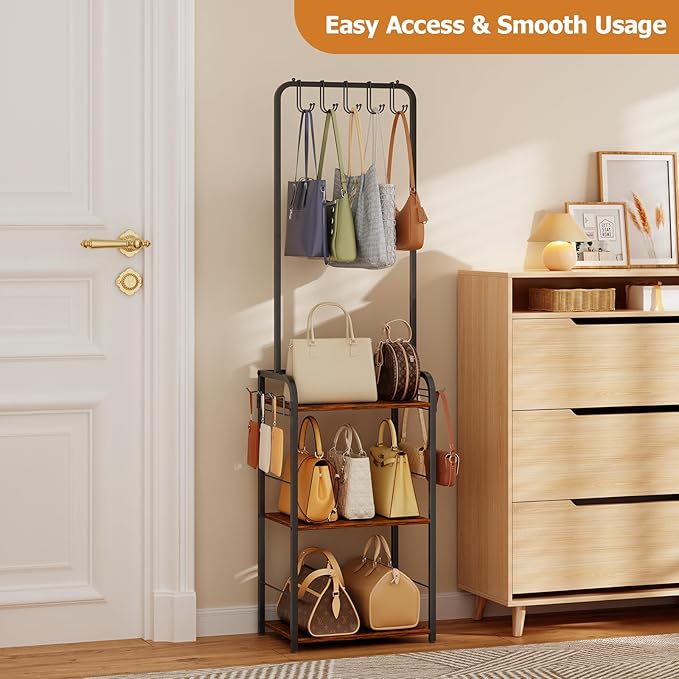 Floor-Standing Purse Organizer for Closet with 5 Hangers & 6 Side Hooks, Tall Purse Rack Stand for Purse Storage, High-Capacity Handbag Organizer, Multi-Purpose Purse Storage Organizer for Small Place