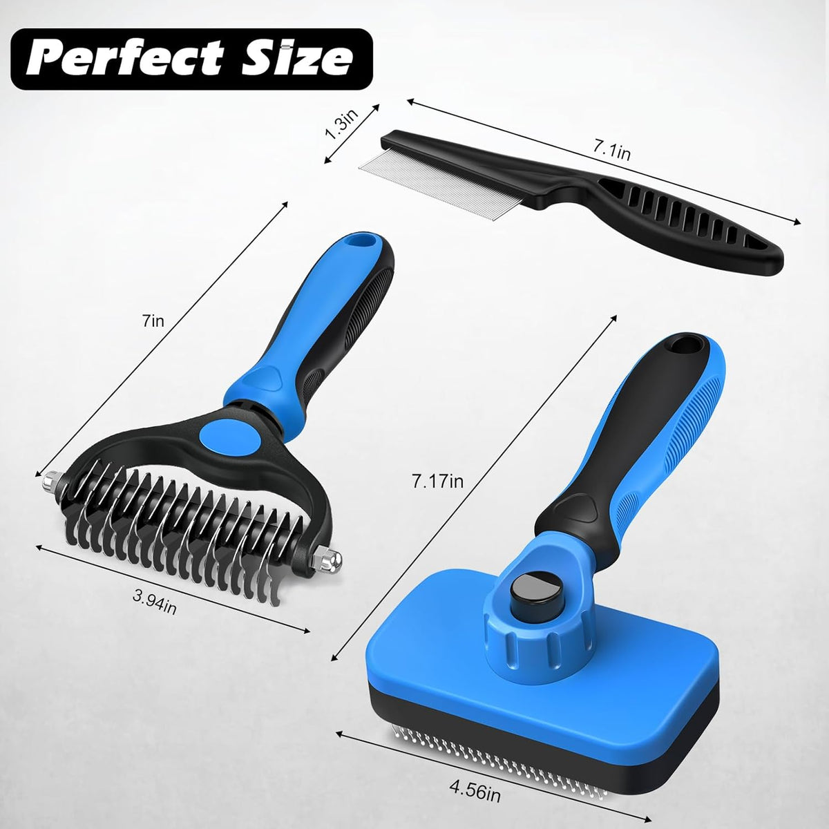 Skiennix Self-Cleaning Slicker Brush Set - Double-Sided Dematting Comb & Flea Comb for Dogs, Cats & Horses | Premium Grooming Tools (Blue)