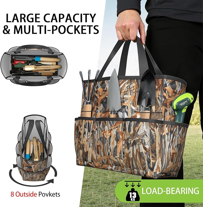 Green Camo Garden Tool Bag - Waterproof Garden Tote with 8 Pockets, Large Storage Home Organizer Gardening Tool Oxford Bag for Garden Tools Kits Holder, Ideal Outdoor Gardening Gift for Women & Men