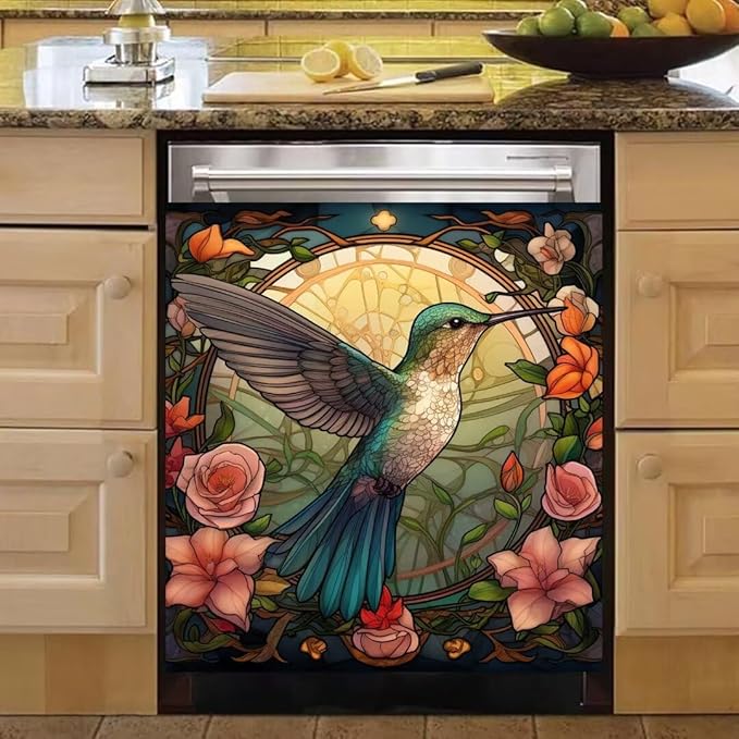Hummingbird Kitchen Dishwasher Panel Decal, Spring Flowers Refrigerator Covers for The Front, Bird Flower Dishwasher Cover Sticker, 23" x 26" (Ordinary)