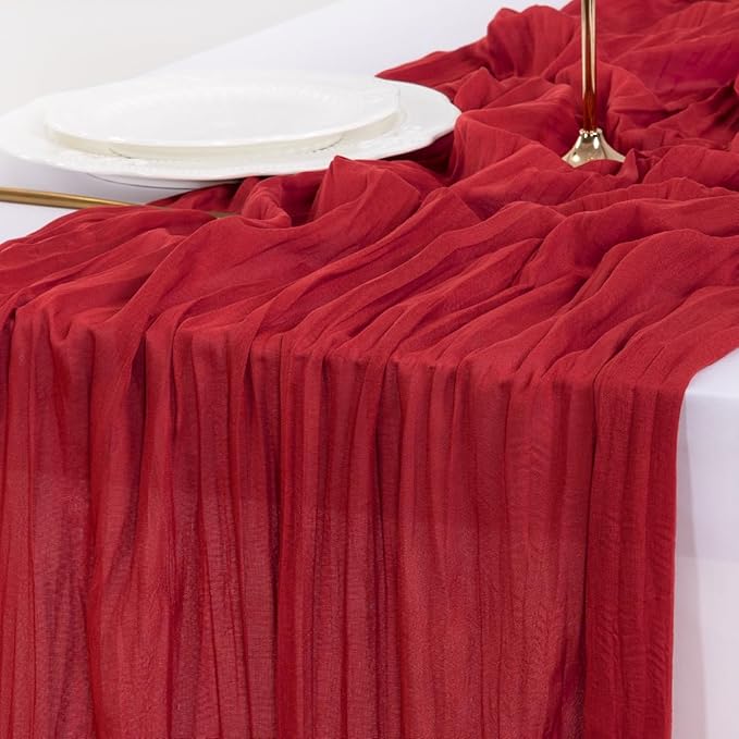 Socomi 3pcs Red Fall Thanksgiving Cheesecloth Table Runner Boho Rustic Gauze 120 inch 10FT Cheese Cloth Runner for Wedding Party Baby Shower Birthday Home Decor Holiday Decorations