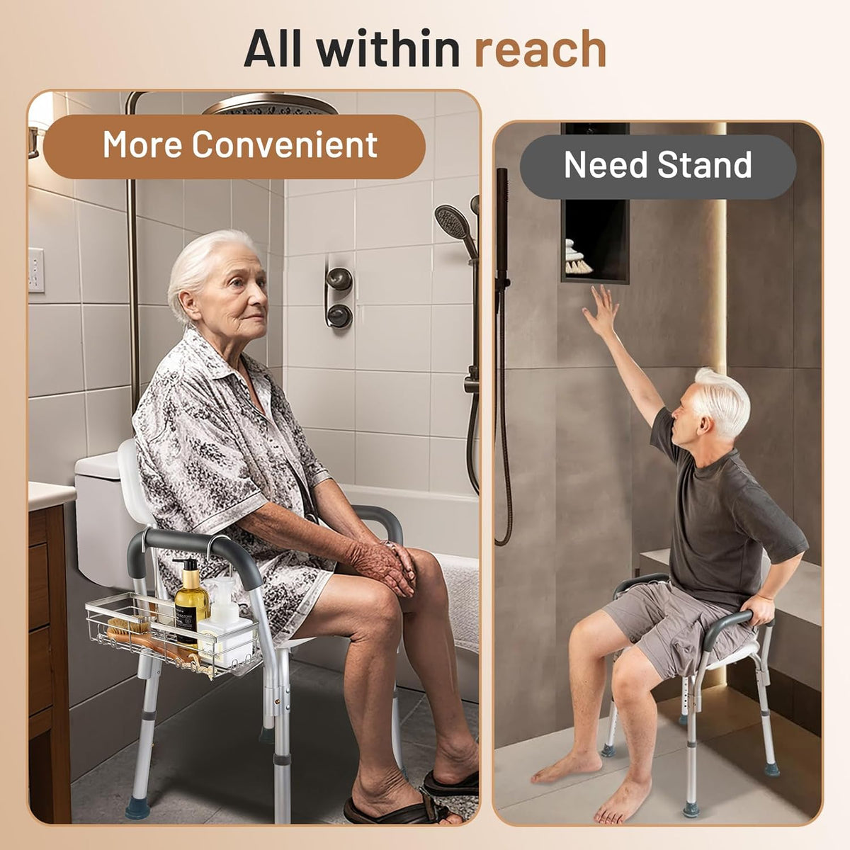 DELLAN Hanging Shower Caddy, Shower Rack with Hooks for Shower & Bath Chair, Bathroom Shower Basket for Elderly, Pregnant, Handicap, Patient