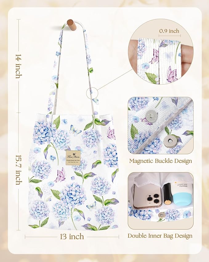 Miss Adola Corduroy Tote Bag for Women - Reusable Totes with Magnetic Buckle & Pocket Aesthetic Design Work Grocery Bags