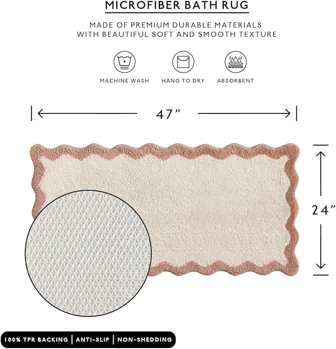 MONDAY MOOSE Bath Mat with Scalloped Wavy Ripple Design, Microfiber Absorbent Non Slip Tufted Rug for Floor, Shower or Kitchen (24x47 inch, Beige)
