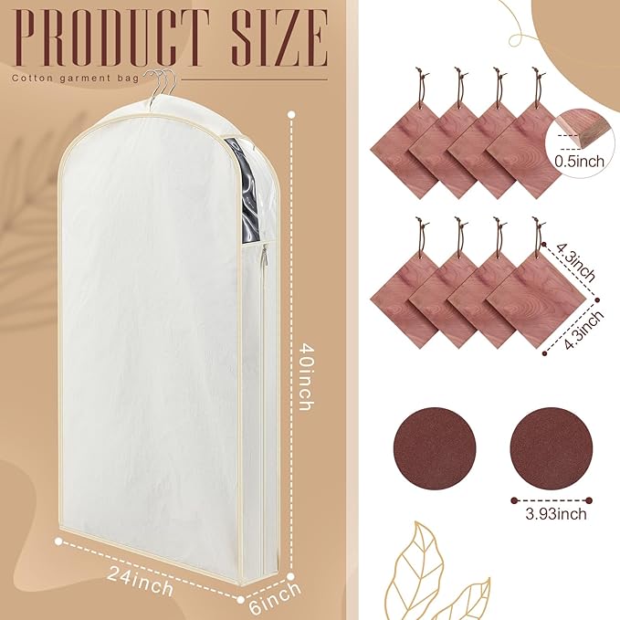 2 Sets 40 Inch Linen Fabric Bags for Hanging Clothes and Storage with Cedar Blocks for Fresh Smell and Moth Protection Sandpaper for Suit Fur Coat Jacket Sweater