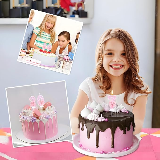 Number 7 Birthday Candle with Pink Sequins and Bowtie, Pink 7 Cake Topper Decoration for Girls Pastel Sweet Theme Birthday Party or Adults Milestone Age 7