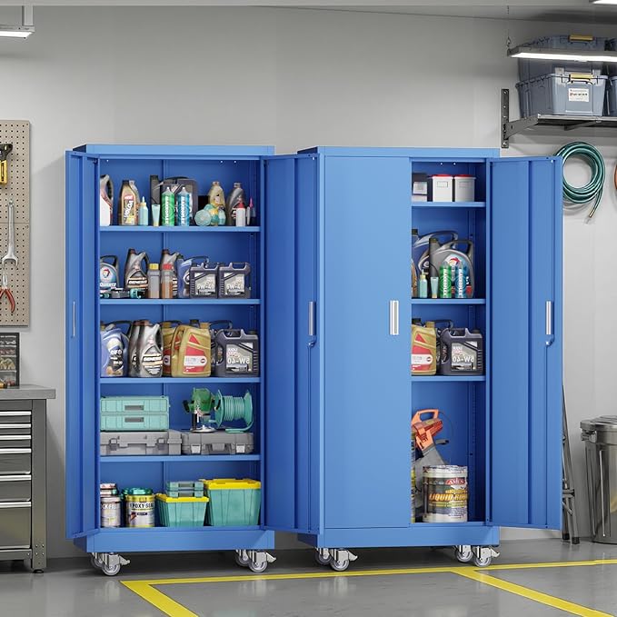 VINGLI Rolling Metal Storage Cabinet with Adjustable Shelves, 71'' Tall Garage Storage Cabinet with Wheels, Locking Tool Cabinets for Home Office Garage Gym School (Blue)