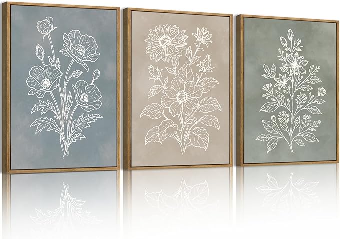 Anyzal Boho Floral Framed Wall Art 12x16 Inch Farmhouse botanical Canvas Wall Decor Modern Minimalist Plant Artwork for Living Room Bedroom Dining Room Set of 3