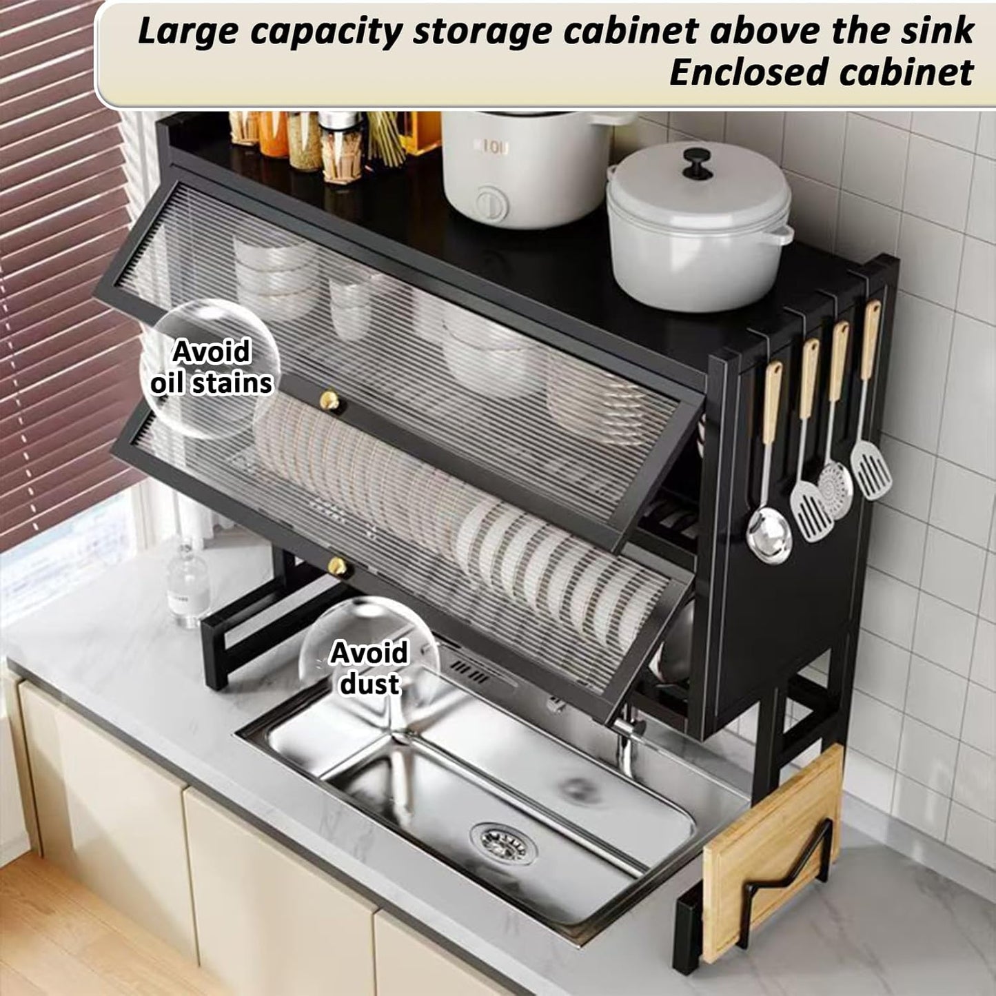 Dish Drying Rack 4 Tiers with Cover, Keep Kitchen Sink Shlef Organized Space-Saving Dish Drying Rack, for Dishes, Glasses, Bowls, Cutlery (black, W-33.5)
