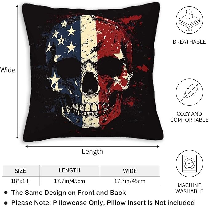 Patriotic Skull Throw Pillow Covers 18x18 Set of 2 | Decorative Cushion Cases for Couch, Sofa and Bedroom | Rustic Americana Home Decor for Living Room, Man Cave