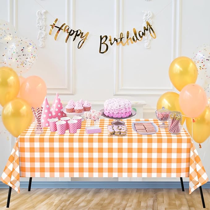WNINK 6 Pack Orange and White Checkered Rectangular Plastic Tablecloths, Orange Gingham Waterproof Disposable Table Covers 54" x 108" for Birthday, Wedding, Outdoor Picnic Camping Parties