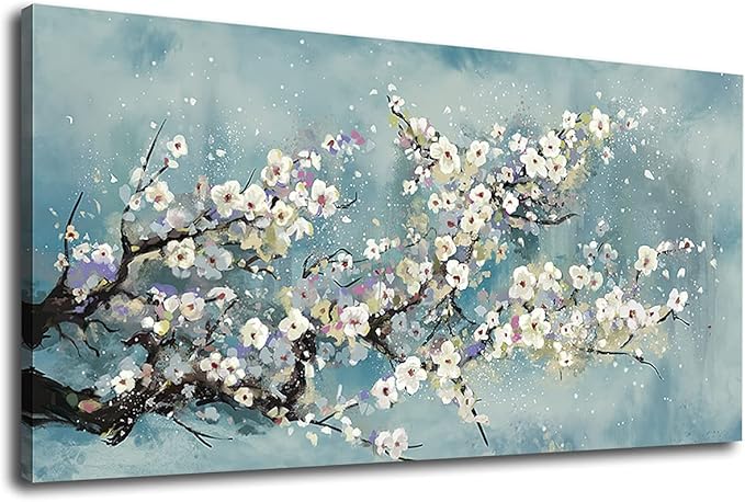 Flowers Wall Art Plum Blossom Canvas Art Botanical Floral Canvas Pictures Grey Blue Canvas Artwork for Bedroom Living Room Bathroom Kitchen Office Home Wall Decor Framed Ready to Hang 24" x 48"