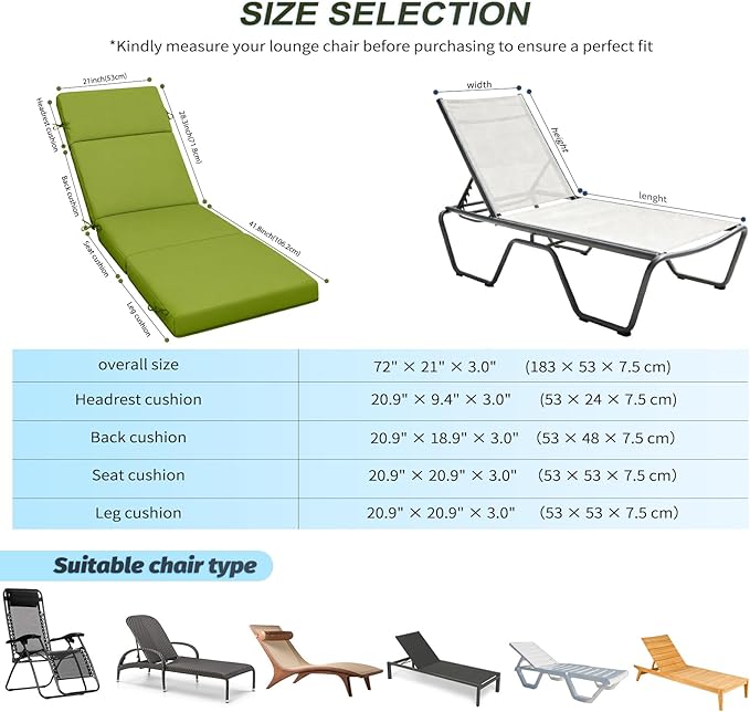 2 Pcs Outdoor Chaise Lounge Cushion 72" x 21" x 3", 4-Section Folding Patio Lounge Chair Cushion with Ties, Waterproof & Fade Resistant Replacement Cushion for Pool, Patio, Deck (Green, 2 Pcs)