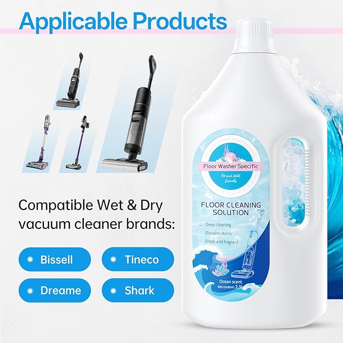 Floor Cleaning Solution Compatible With Tineco/Bissell/Dreame And Shark, Fragrance Deodorization, Deep Cleans for Multiple Hard Floors, Suitable With Cordless Wet/Dry (【Fresh Ocean】, 2.51 Liter)