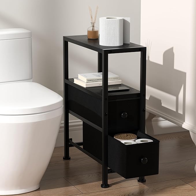 Small Narrow Side Table with Drawers, Skinny End Table for Small Spaces, Slim Nightstand with Storage, Sofa Bedside Table in Living Room, Bedroom, Study, Kitchen and Balcony (Black)