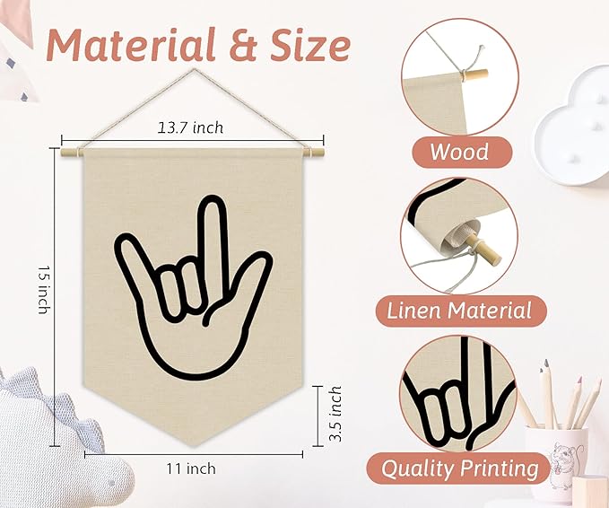 Kids Room Decor, Boy Nursery Linen Canvas Banner, I Love You Hand Sign Neutral Wall Hanging Pennant Flag Banner for Boys Kids Toddler Room Bedroom Playroom Decor, 15x11in