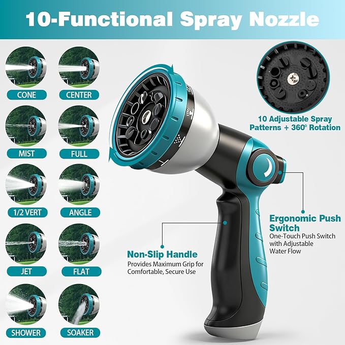50FT Garden Hose, Kink-Free Non-Expandable Flexible Water Hose with 10-Pattern Spray Nozzle, Lightweight Leakproof Flat Hose with 3/4” Solid Brass Connector for Yard, Lawn & Outdoor Use