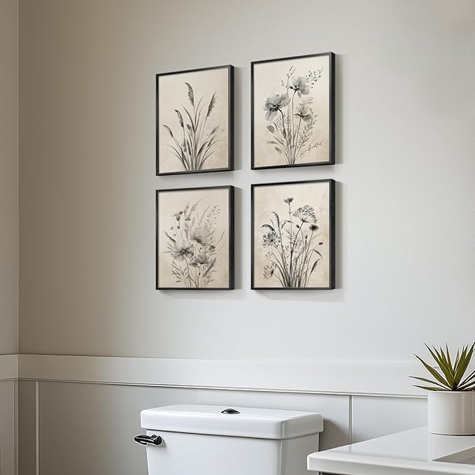 Framed Vintage Botanical Wall Art, 4 Piece Boho Rustic Floral Canvas Painting