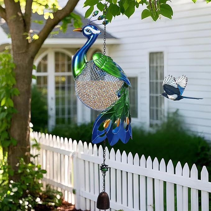 Yinns Bird Feeders - Squirrel Proof Wild Bird Feeder for Outside, Peacock Shaped Birdfeeders, Metal Hanging Bird Feeder for Garden Patio Yard Decor