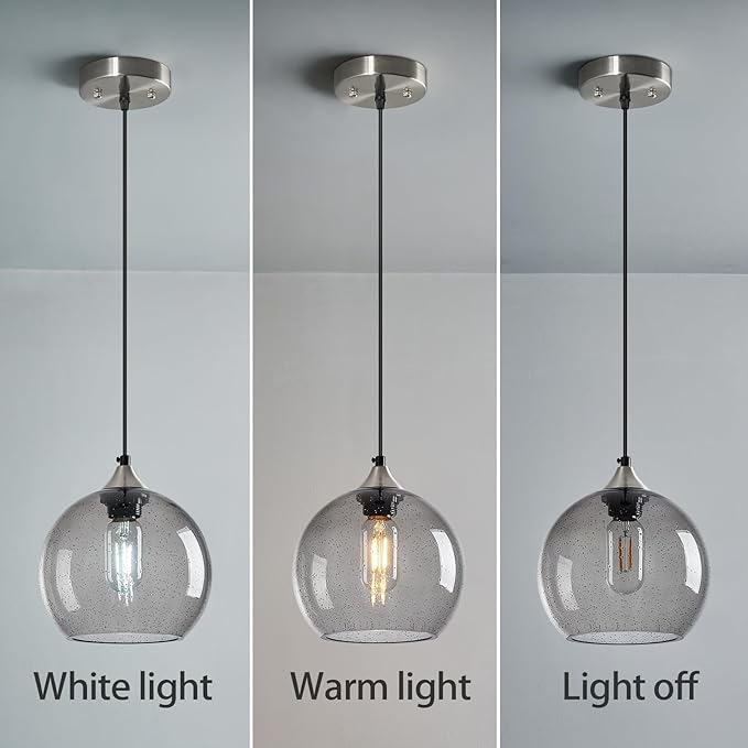 Light Grey Glass Pendant Lights Kitchen Island Lighting Globe Pendant Light Fixtures Modern Pendant Lighting for Bedroom Living Dining Room Light Fixture (7.87 in, 1 Pack)