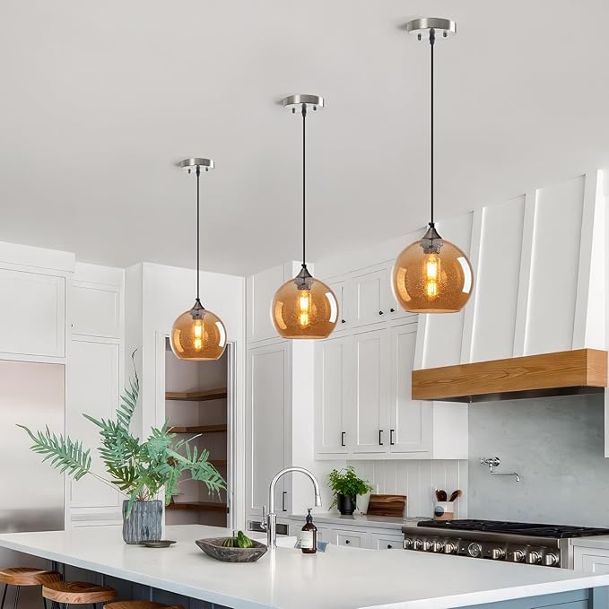 Amber Glass Pendant Lights Kitchen Island Lighting Globe Pendant Light Fixtures Modern Pendant Lighting for Bedroom Living Dining Room Light Fixture (7.87 in, 2 Pack)