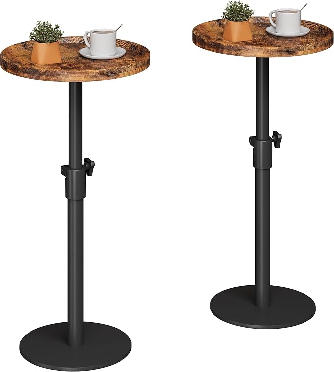 Homeiju Set of 2 Adjustable Round Side Table, Pedestal End Table for Small Spaces, Wooden Couch Table, Tall Drink Table for Living Room, Bedroom, Patio, Brown