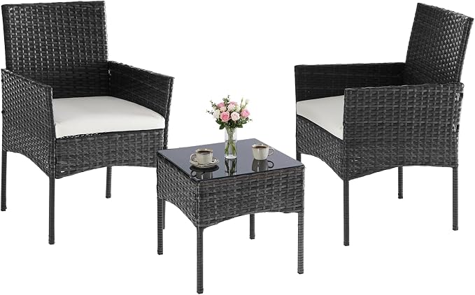 NEWBULIG 3-Piece Patio Furniture Set, Outdoor Wicker Rattan Chairs with Removable Cushion & Tempered Glass Table, Conversation Set Furniture for Porch, Balcony, Deck - Black