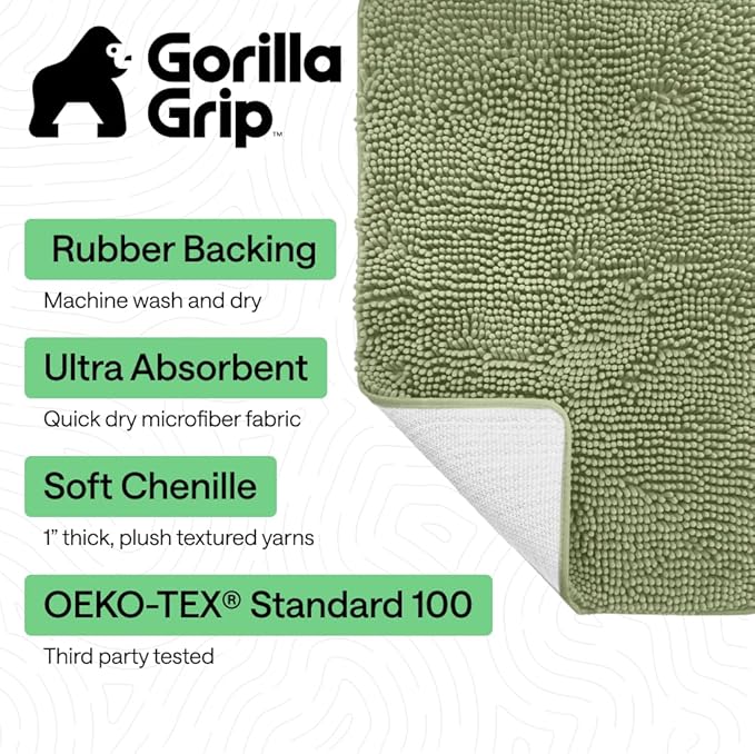 GORILLA GRIP Bath Rug Mat 30x20, Thick Soft Absorbent Chenille, Quick Dry Microfiber Mats, Rubber Backing Washable Shower Floor Rugs, US Designed Bathroom Bathmat Home Decor Accessories, Sage Green
