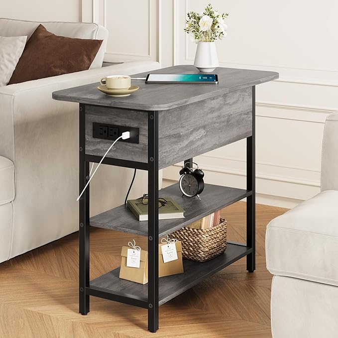 Yoobure End Table with Charging Station, Flip Top Side Table with USB Ports and Outlets, Sofa Couch Table Bedside Table for Living Room Bedroom, Narrow Nightstand with Shelves for Small Space Gray