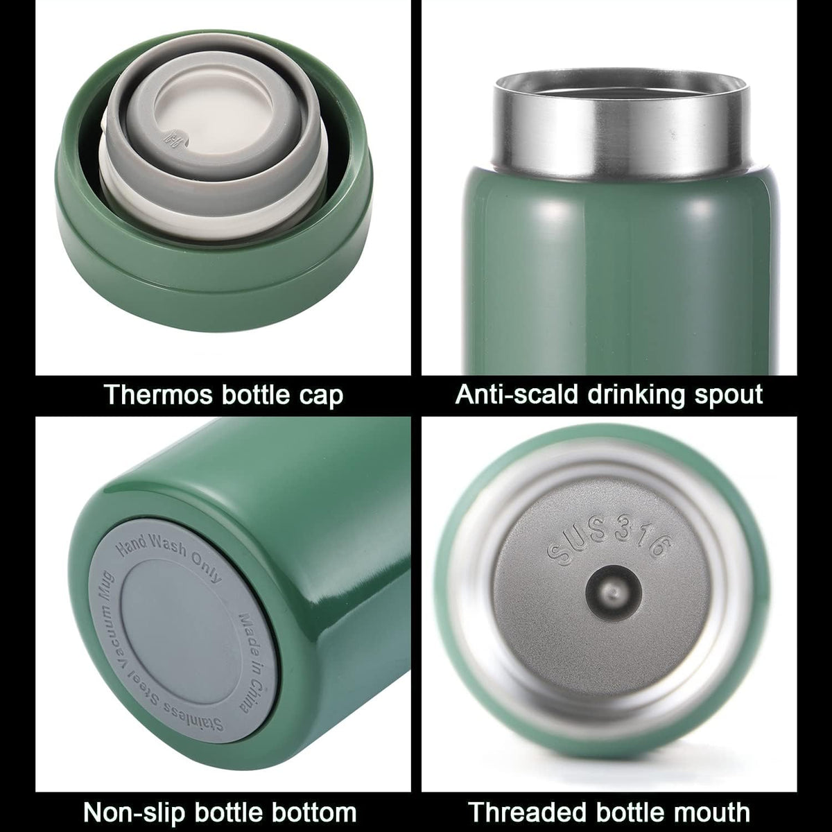 10oz Mini Water Bottle Stainless Steel Thermos Small Flask - Insulated Vacuum, Leak Proof, Keeps Drinks Hot/Cold - Ideal for Coffee, Tea, Water - Green