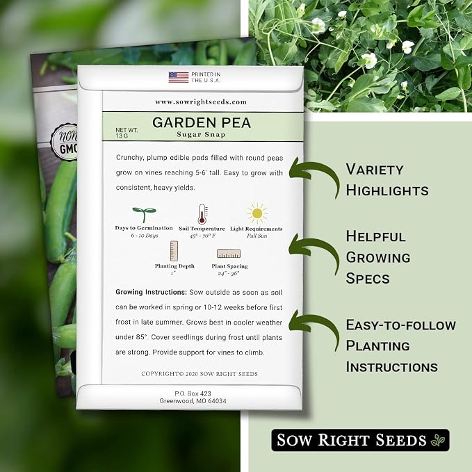 Sow Right Seeds - Sugar Snap Pea Seeds for Planting - Non-GMO Heirloom Packet with Instructions to Plant a Home Vegetable Garden - Grow Tons of Delicious Pods - Cool Season Crop, Super Productive (3)