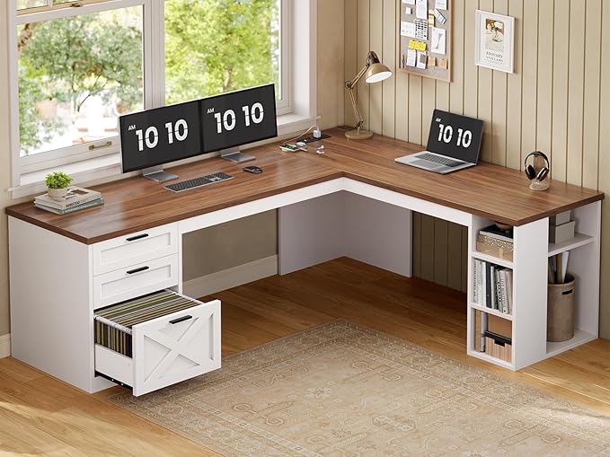 SEDETA Farmhouse 67" L Shaped Desk with 3 Drawers, White Corner Computer Desk with Storage Shelves, Home Office Desks with Power Outlets，Executive Desk for Home Office, White and Brown