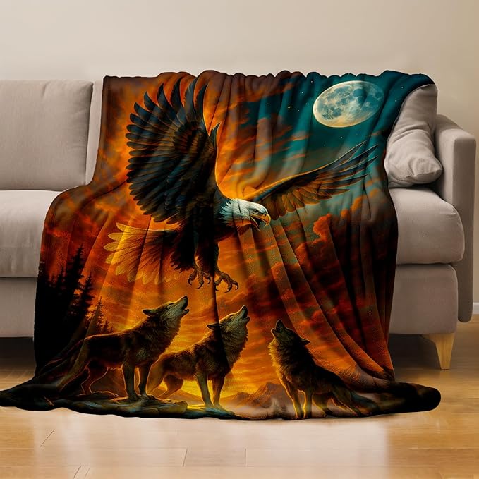 Wolf and Eagle Throw Blanket Gifts for Boys Girls Kids Adults, Bald Eagle Flannel Blankets for Travel Sofa Living Room Decor 50"X60"