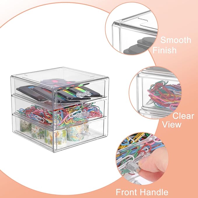BTSKY Clear Acrylic Storage Organizer with Drawers, 3-Layer Desktop Organizer for Office Essentials, Multi-Purpose Stackable Container for Bathroom Vanity, Desk Makeup Jewelry Container Storage Box