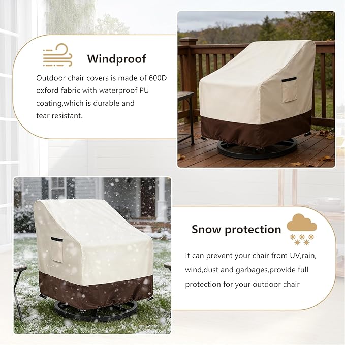 Patio Chair Covers 2 Pack, 28W x 33D x 38.5H inches, 600D Heavy Duty Waterproof Outdoor Furniture Cover, Patio Furniture Covers for Lawn/Garden Chiars, Beige & Brown
