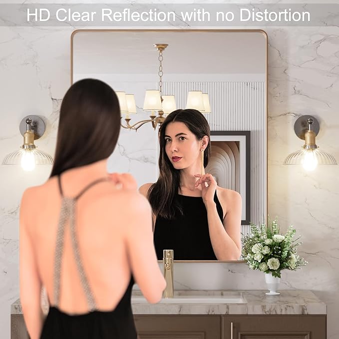 LOAAO 30”X36” Gold Bathroom Mirror, Rounded Rectangle Gold Frame Mirror