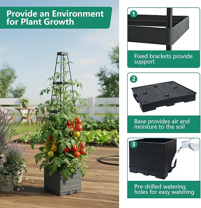 2 Pack Raised Garden Bed Planter Box with Trellis, 58”Tomato Planter with Trellis for Climbing Plants Vegetables Vine Flowers, Self-Watering Tomato Cage for Garden Patio Outdoor & Indoor