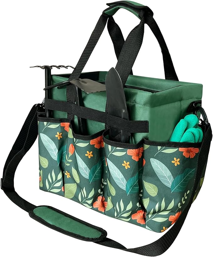 Standable Garden Tool Bag for Women, Oxford Multi-Pocket Gardening Tote with Hard Bottom & Adjustable Shoulder Strap