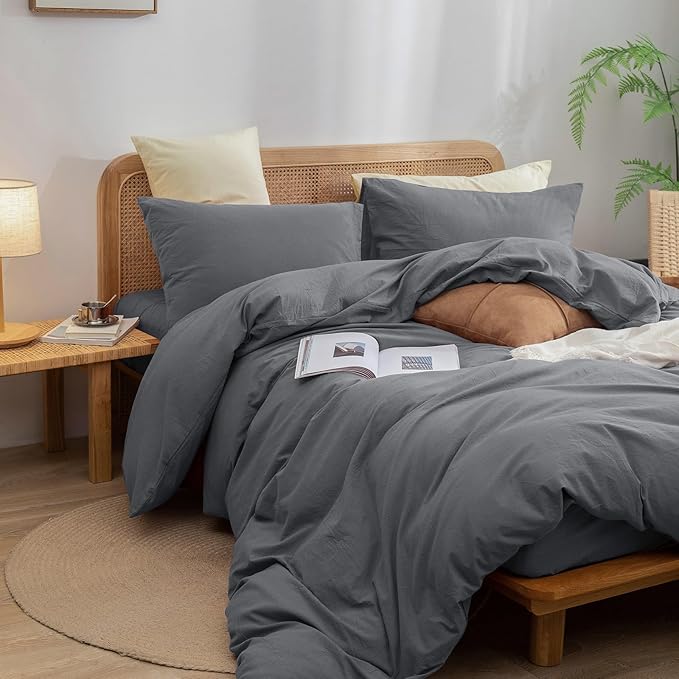BESTOUCH Duvet Cover Set 100% Washed Cotton Linen Feel Super Soft Comfortable Chic Lightweight 3 PCs Home Bedding Set Solid Quiet Shade Grey Oversized Full