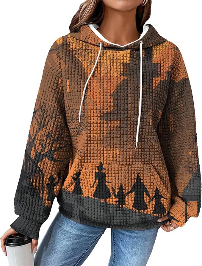 Halloween Sweatshirts for Women Novelty Graphic Drawstring Waffle Hoodies Loose Casual Pullover Tops with Pocket