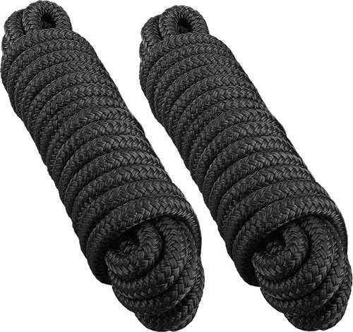 Boat Dock Lines - 3/4" x 50ft Double Braided Nylon Ropes with 18" Loop | Heavy Duty Marine Mooring Lines - 2 Pack, Black