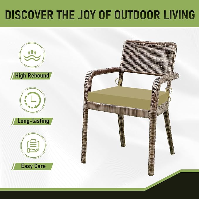 Basic Beyond Outdoor Chair Cushions Set of 6, Square Corner Outdoor Cushions for Patio Furniture, Water Resistant Patio Chair Cushions with 2 Ties, 18.5x16x3, Khaki