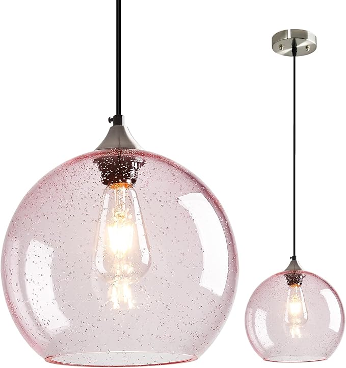 Pink Glass Pendant Lights Kitchen Island Globe Pendant Light Fixtures Modern Pendant Lighting for Bedroom Living Dining Room Light Fixture (9.84 in, 1 Pack)