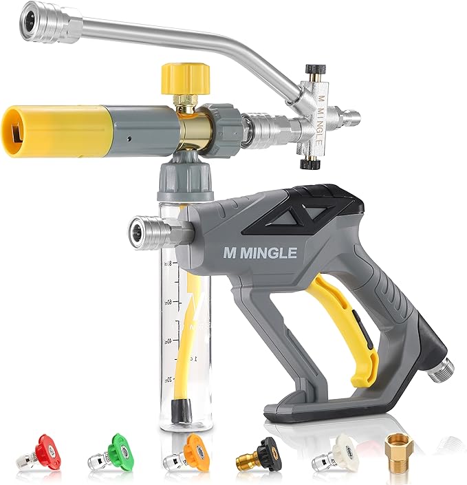 M MINGLE Pressure Washer Gun with Mini Foam Cannon, Dual Connector Accessory, Undiluted Foam Blaster with 5 Nozzle Tips, 1/4" Quick Connect for Car Wash, Patio, Deck Cleaning