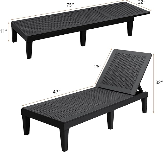 Devoko Outdoor Chaise Lounge Chair Set of 2 for Outside Pool Patio, Adjustable Waterproof Easy Assembly Chaise Lounge Outdoor (Black, Set of 2)