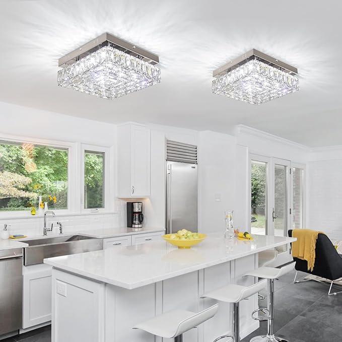 FRIXCHUR 10.6" Modern Crystal Chandeliers Square Crystal Ceiling Light LED Chandelier with Remote Control Mini Bedroom Flush Mount Ceiling Lights Fixture for Kitchen Hallway Dining Room (Dimmable)
